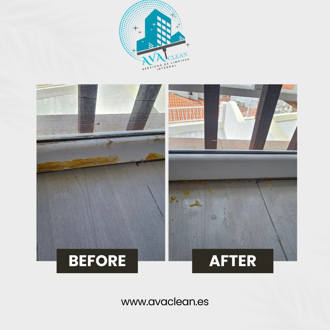 Antes y después de la limpieza del carril y cristal de una ventana de terraza
