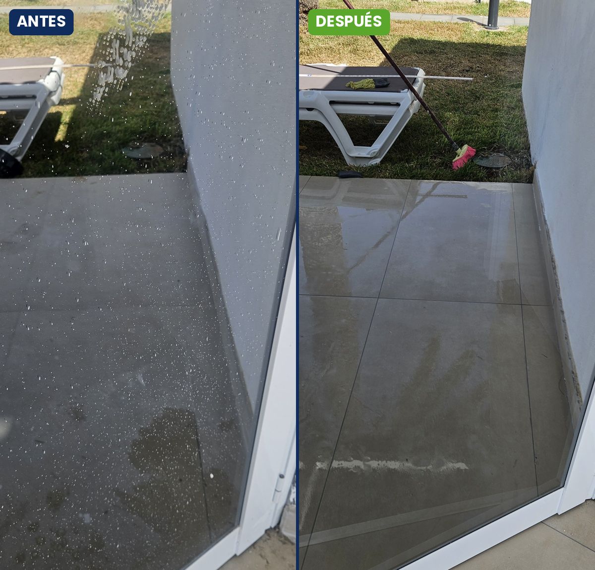 Antes y después de limpieza de cristales de fin de obra en Playa del Inglés