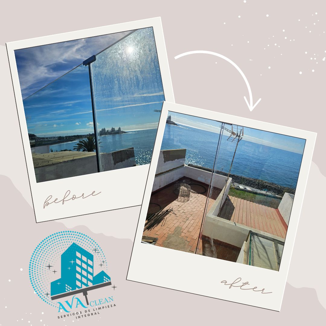 Antes y después de la limpieza de un cristal de terraza con vistas al mar