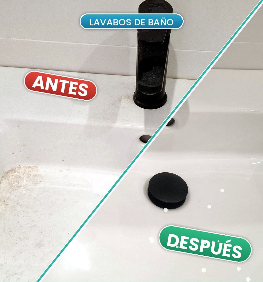 Antes y después de la limpieza de lavabos de baño con descalcificación