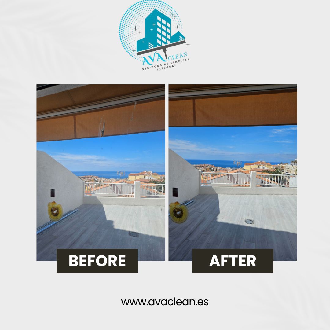 Antes y después de la limpieza de una terraza con toldo y vistas al mar